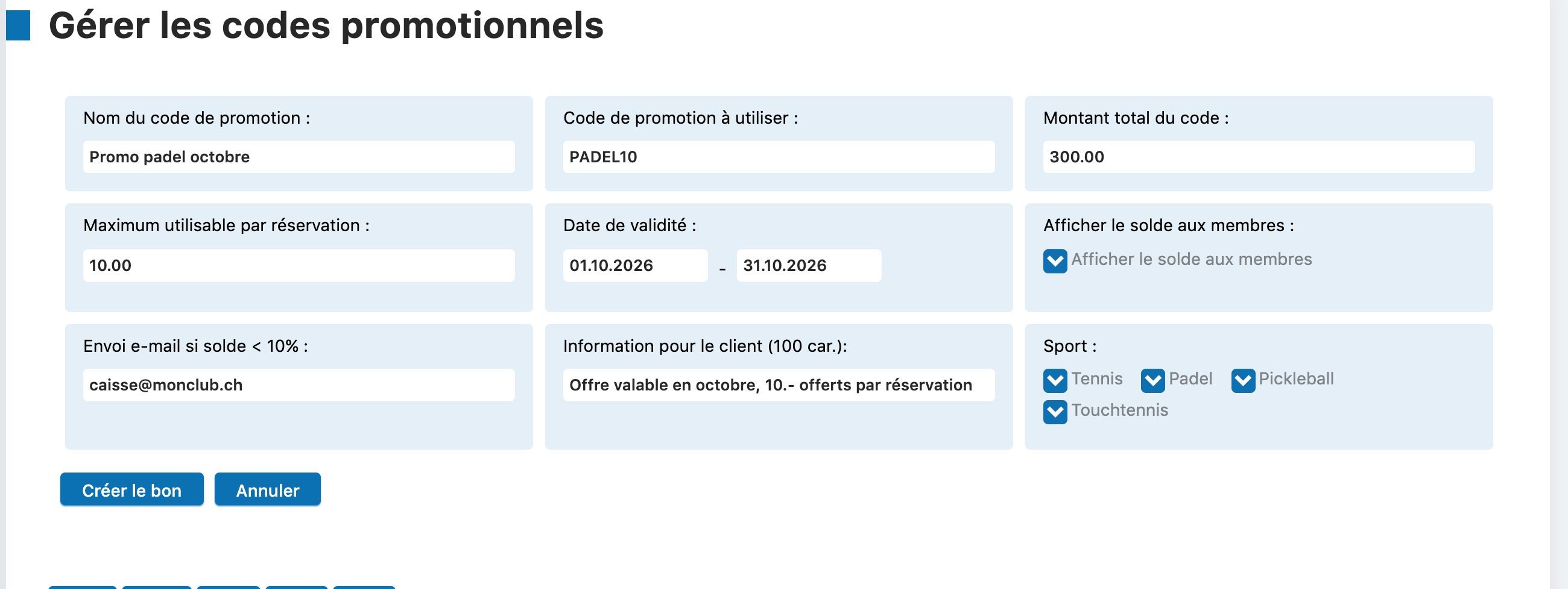 Formulaire de création d'un code promotionnel